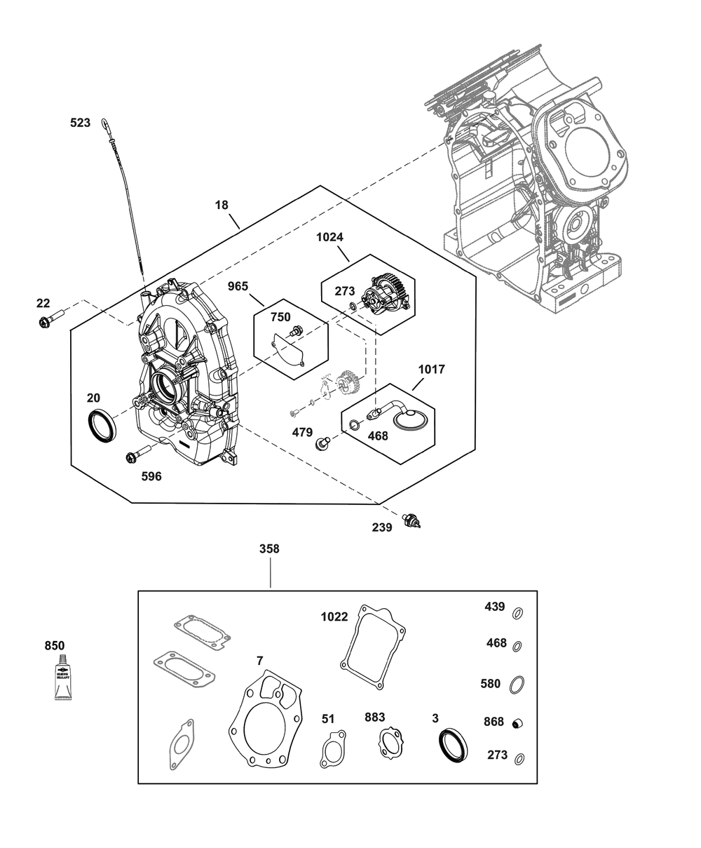 Crankcase Cover/Sump Group Diagram and Parts List for 61G277-0031-J1  Briggs and Stratton Engine